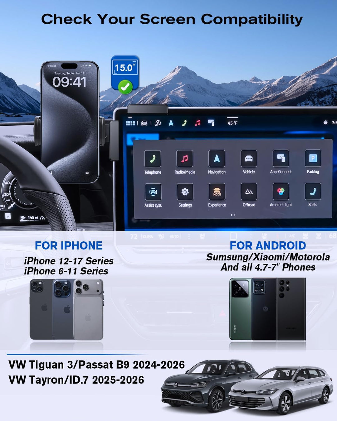 Handyhalterung für VW 15 Zoll Display, Tiguan 3/Passat B9 2024-2026, Tayron/ID.7 2025-2026 Mini Hand