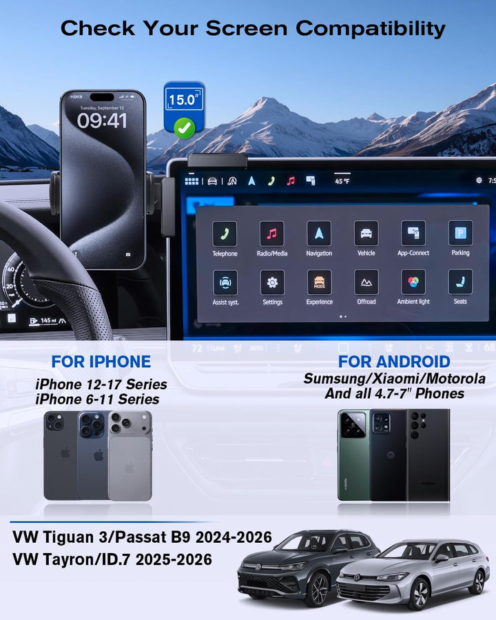 Handyhalterung für VW 15 Zoll Display, Tiguan 3/Passat B9 2024-2026, Tayron/ID.7 2025-2026 Mini Hand