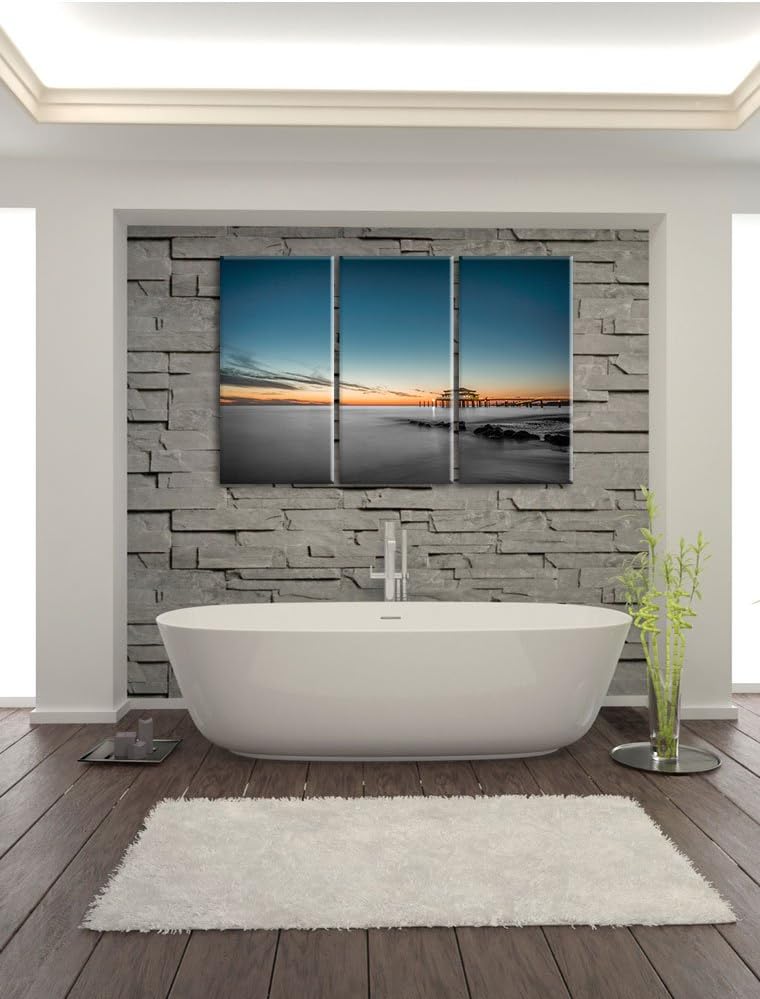 Pixxprint Timmendorfer Strand bei Sonnenuntergang Schwarz/Weiss 3-Teiler Leinwandbild 120x80 Bild au