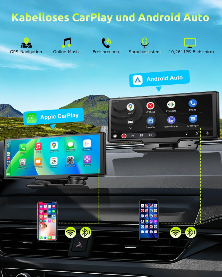 ESSGOO 10.26 Zoll Kabelloses CarPlay Display mit 4K Dashcam 1080P Rückfahrkamera Drahtloser Apple Ca