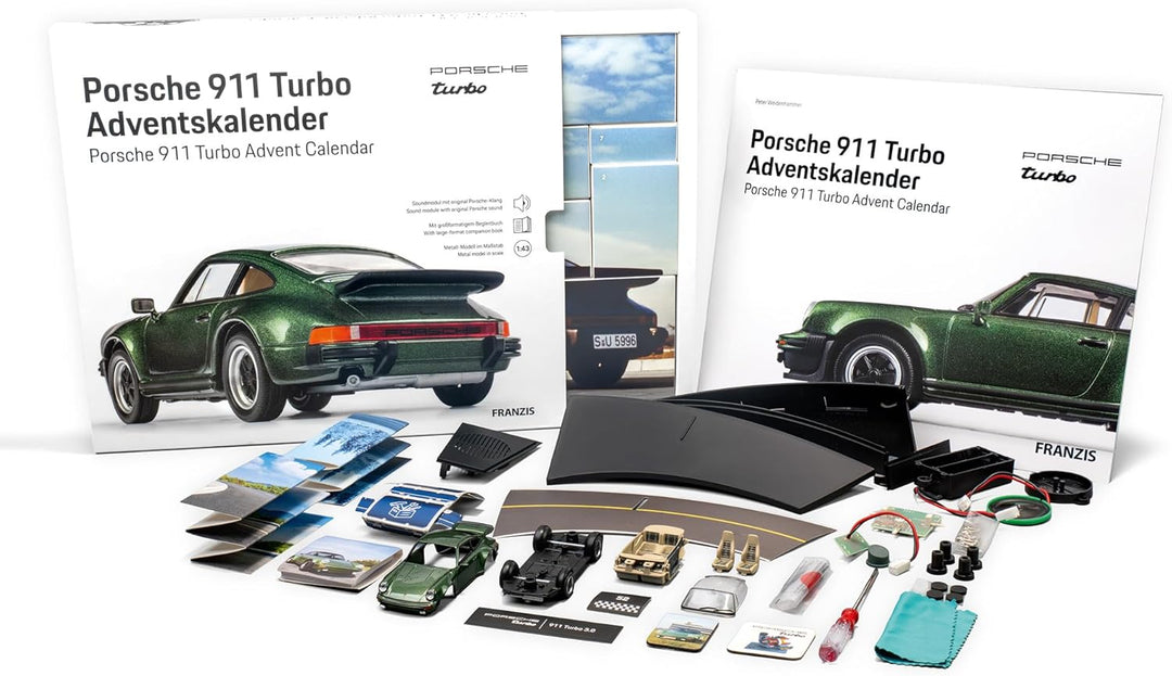 FRANZIS 55109 - Porsche 911 Turbo Adventskalender lichtgrün, Metall Modellbausatz im Massstab 1:43,