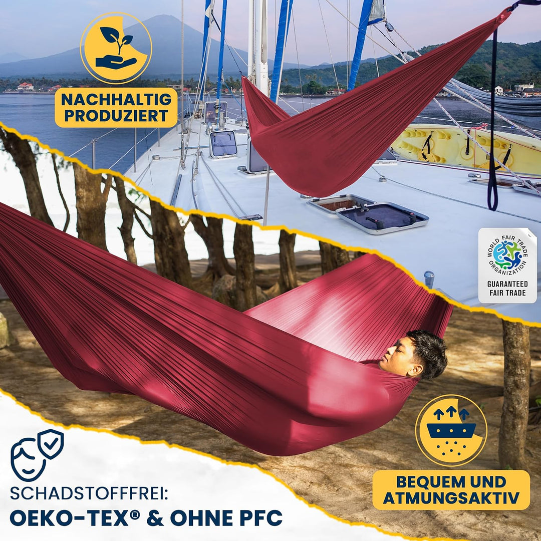 Fair Trade & handgemachte Compact-Leicht-Hängematte Burgund für Reisen, Camping und Alltag, 3,2 * 1,