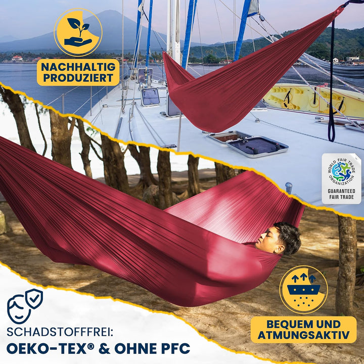 Fair Trade & handgemachte Compact-Leicht-Hängematte Burgund für Reisen, Camping und Alltag, 3,2 * 1,
