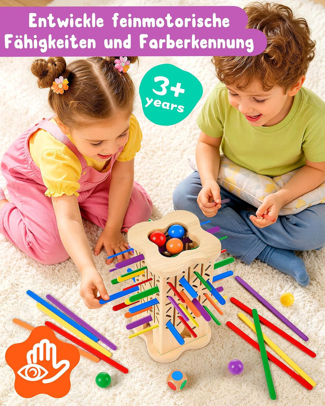 Montessori Holz Brettspiel ab 3–6 Jahre mit bunten Stäbchen & Ball | Holzspielzeug Kinder, Lernspiel