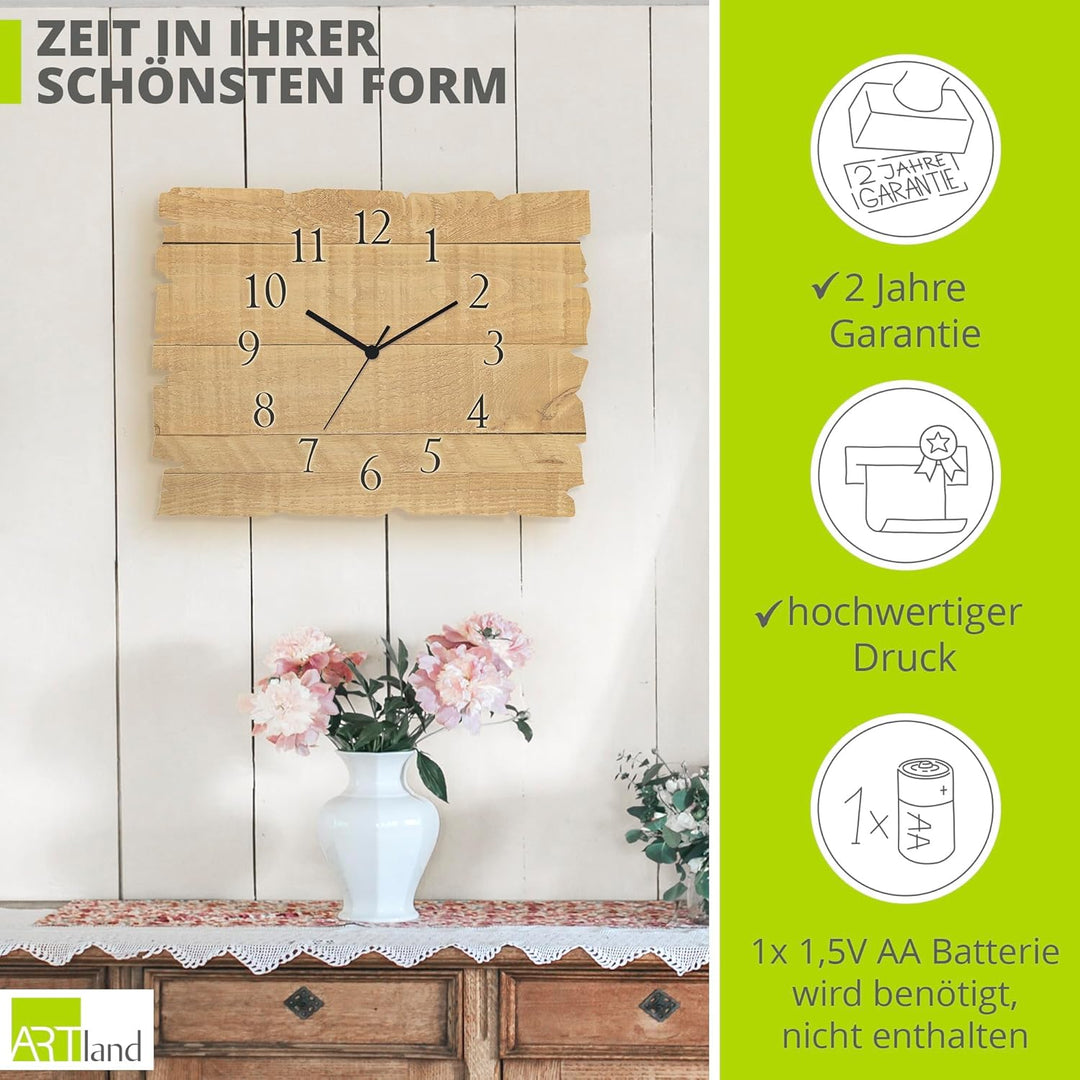 ARTLAND Wanduhr ohne Tickgeräusche aus Holz Quarz Uhr lautlos 40x30 cm Rechteckig Muster Rustikal La