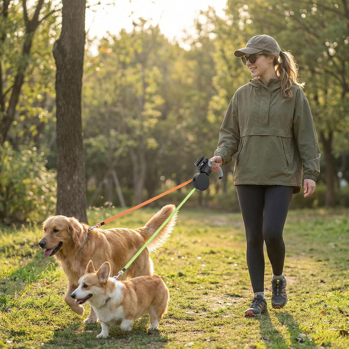 Doppelte Einziehbare Hundeleine 3 m für 2 Hunde, Rollleine mit LED-Licht, 360° drehbar, automatische