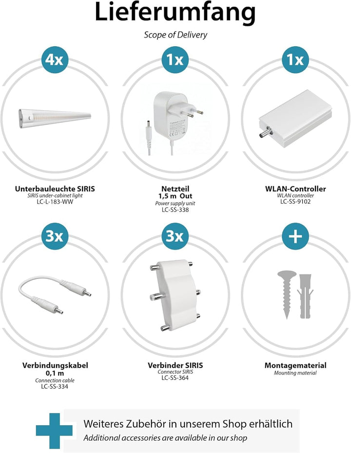 ledscom.de Smarte LED Unterbau-Leuchte SIRIS weiss matt mit WLAN-Controller, flach, Smart-Home, Alex
