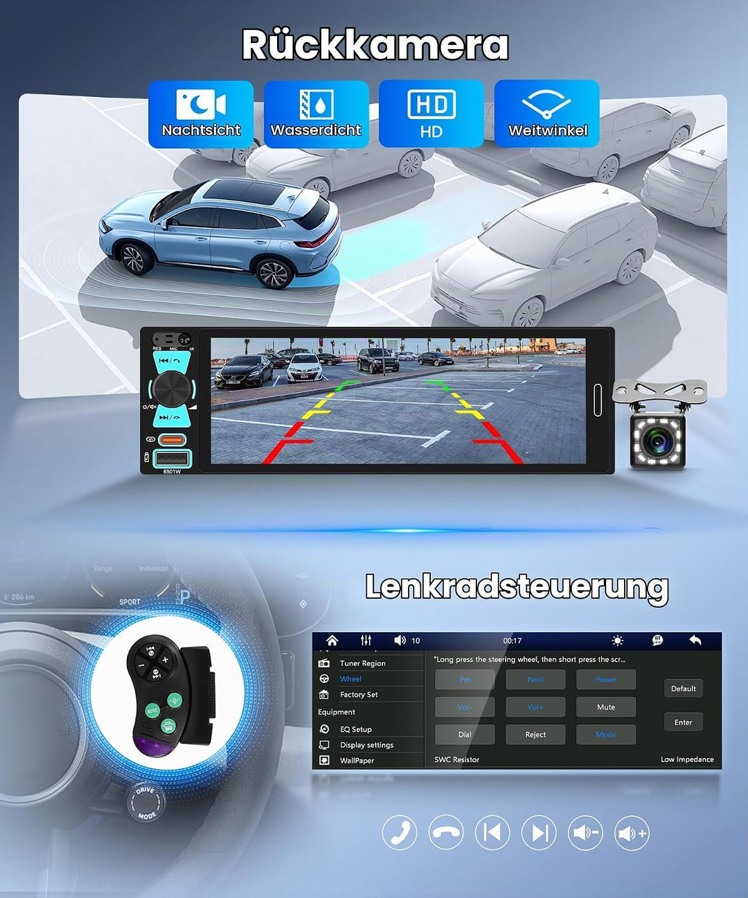 Hodozzy 1 Din RDS Autoradio mit Drahtlos Carplay Android Auto, 6.5 Zoll In-Cell Bildschirm,Unterstüt