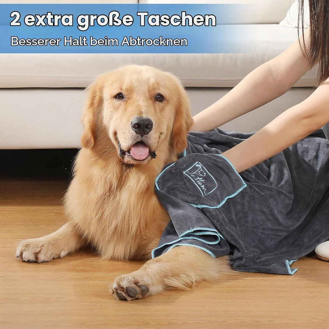 PETTOM 2 Stücke Hundehandtuch Extra Saugfähig, Hunde Handtuch mit Eingrifftaschen, Hundehandtuch Mik