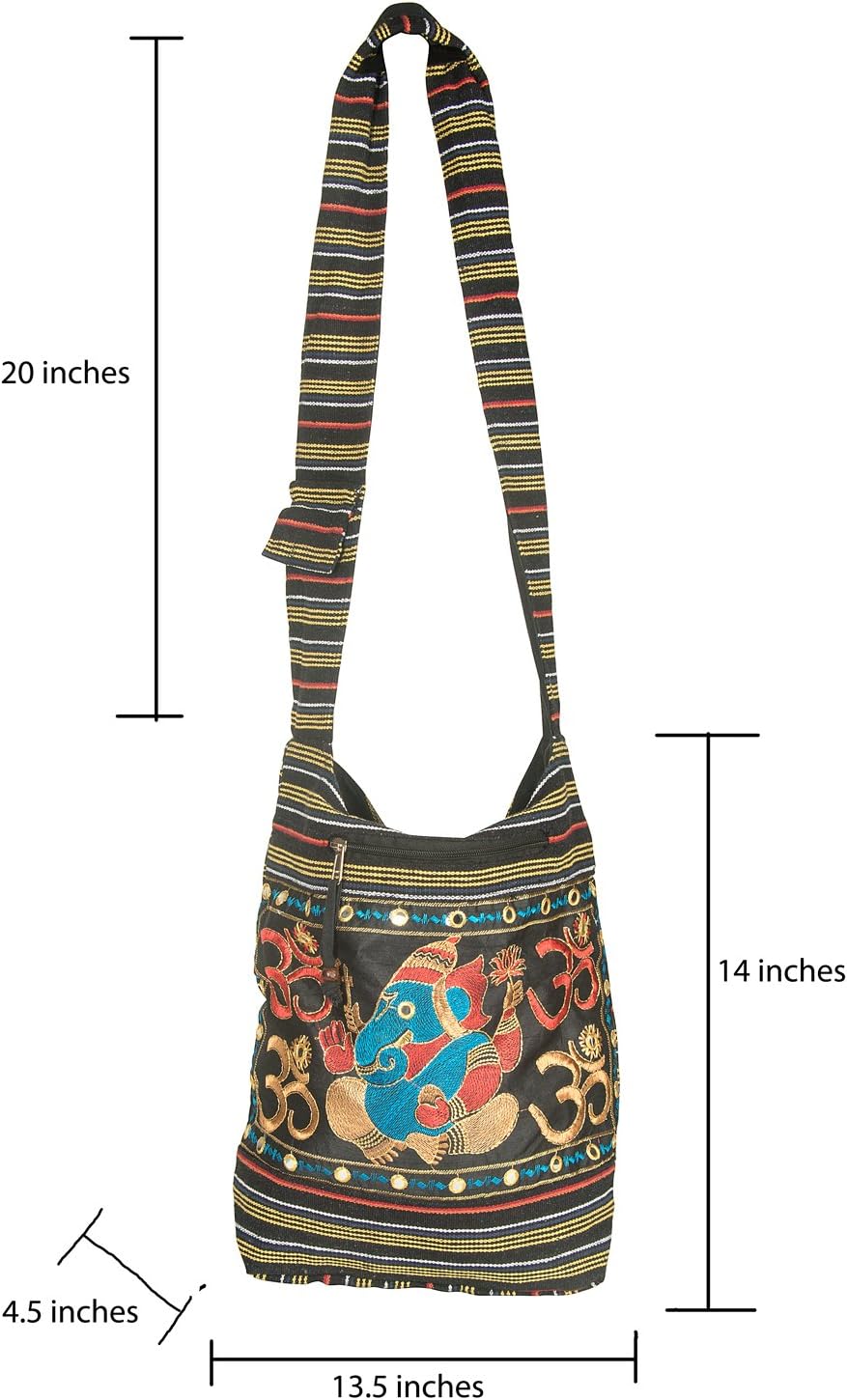 Tribe Azure Fair Trade Damen Hobo OM Schwarz Kreuz Body Schulter Tasche Elefant Bestickt Schule Allt
