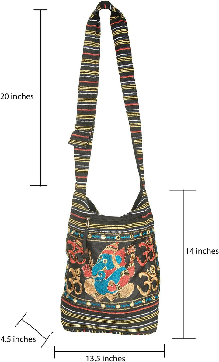 Tribe Azure Fair Trade Damen Hobo OM Schwarz Kreuz Body Schulter Tasche Elefant Bestickt Schule Allt