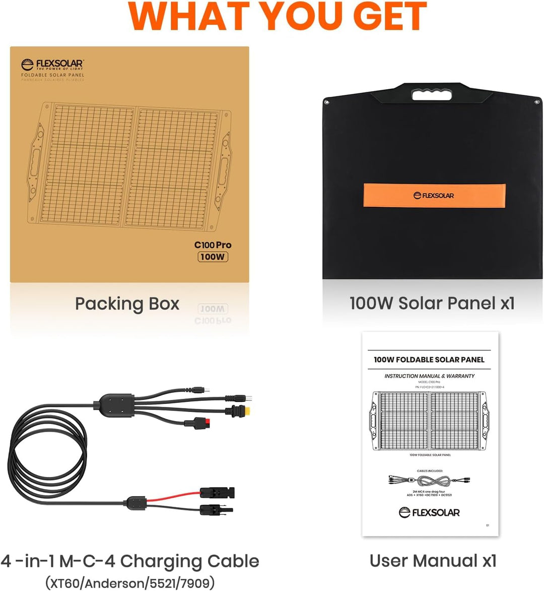 FlexSolar 100W Solarpanel Faltbar, IP67 Tragbares Solarpanel kit mit QC3.0/ USB-A/C/DC7909/5521/XT60