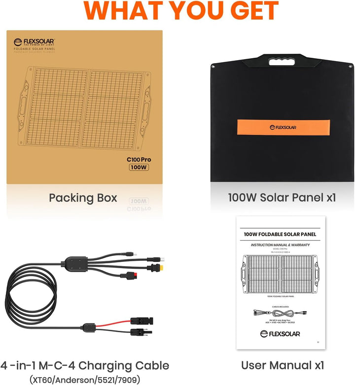 FlexSolar 100W Solarpanel Faltbar, IP67 Tragbares Solarpanel kit mit QC3.0/ USB-A/C/DC7909/5521/XT60