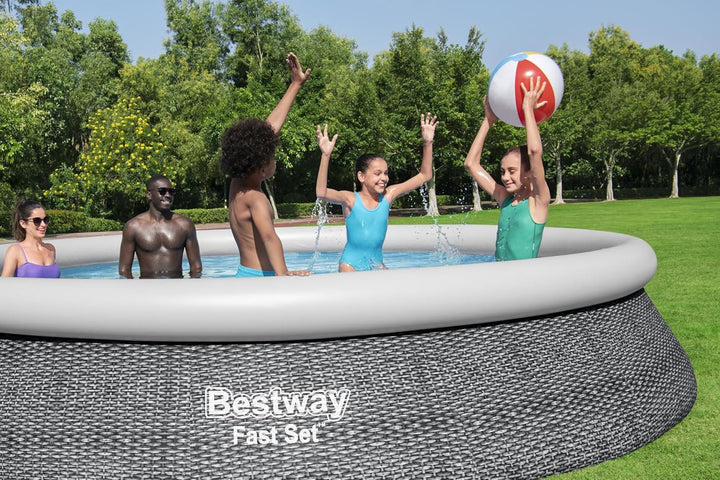 Bestway Fast Set Pool, 396 x 84 cm, Set mit Filterpumpe, rund, graue Rattan-Optik