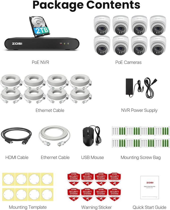 ZOSI 2,5K PoE Überwachungskamera Aussen Set, 8CH 5MP NVR mit 2TB HDD, 8X 4MP PoE Dome Kamera Überwac