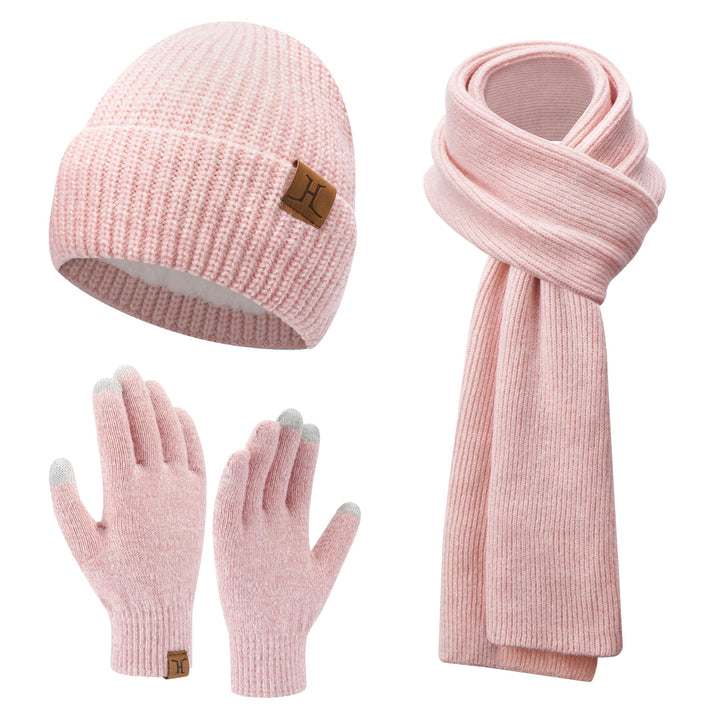 ZASFOU Damen Winter Mütze Schal Touchscreen Handschuhe Set Thermo Beanie Wintermütze Strickmütze Sch