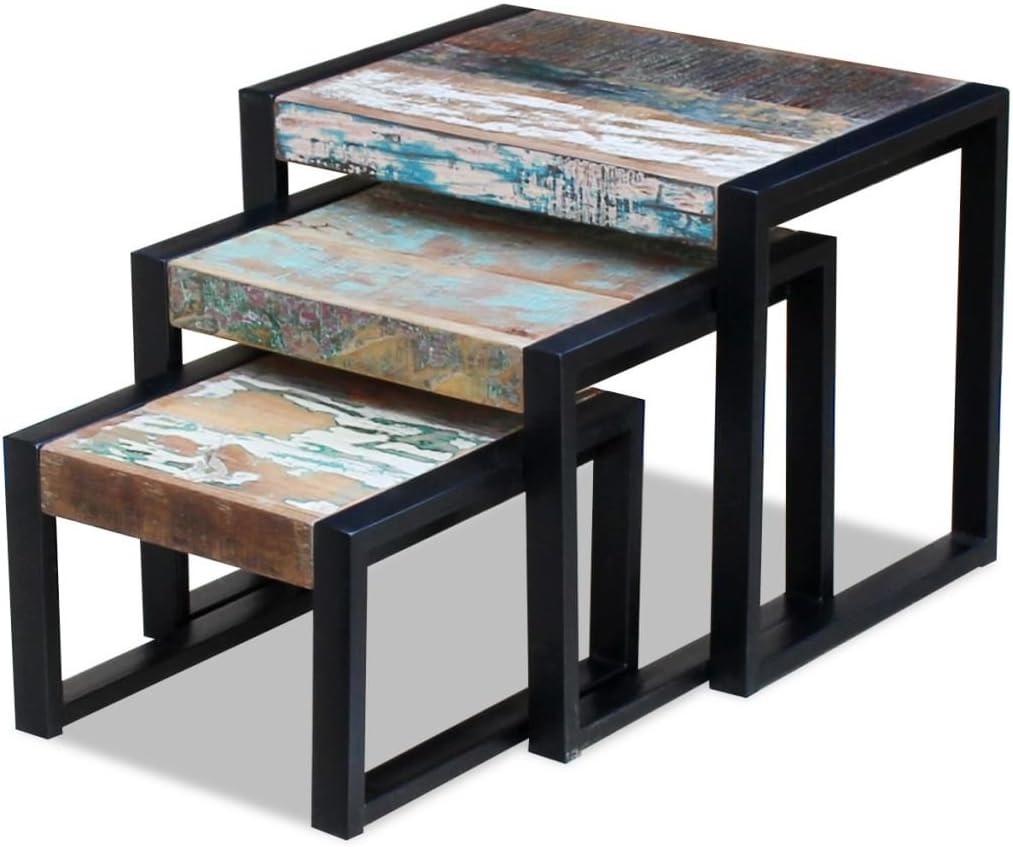 Festnight 3-TLG Satztisch Set | Holz Beistelltisch Sofatisch Kaffeetisch Wohnzimmer Tishch aus Recyc