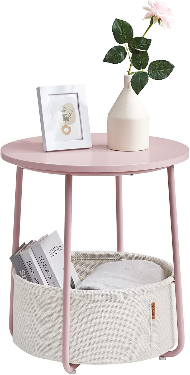 VASAGLE Beistelltisch rund, Kleiner Tisch, Couchtisch klein, Wohnzimmertisch mit Korb aus Stoff, Sta