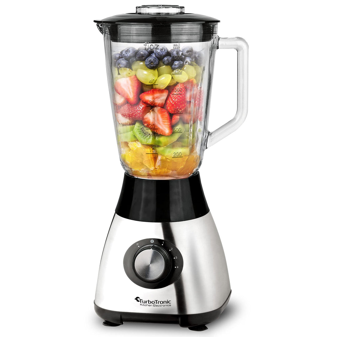 TurboTronic Standmixer mit 1,5L Glasbehälter 1200W Edelstahl silber, Smoothie Maker, Ice Crush Funkt