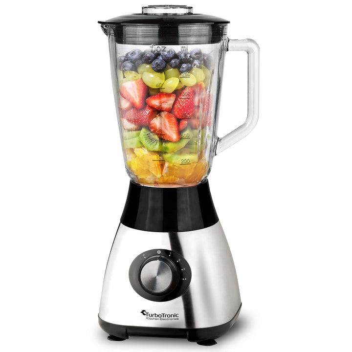 TurboTronic Standmixer mit 1,5L Glasbehälter 1200W Edelstahl silber, Smoothie Maker, Ice Crush Funkt