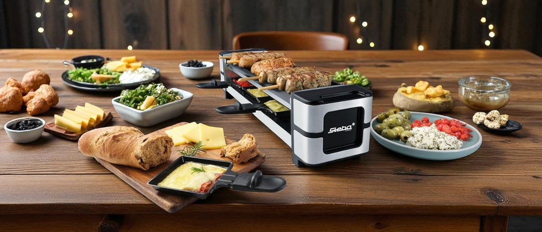 Steba RC 140 Guss-Raclette – PFAS-freie keramikbeschichtete Grillplatte, wendbar, 4 antihaft Pfännch