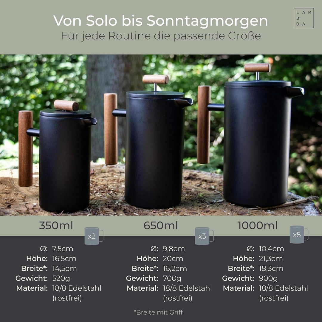 LAMBDA COFFEE® CALDERA Thermo French Press klein Edelstahl | 0,35 Liter - 1-2 Tassen I Kaffeebereite