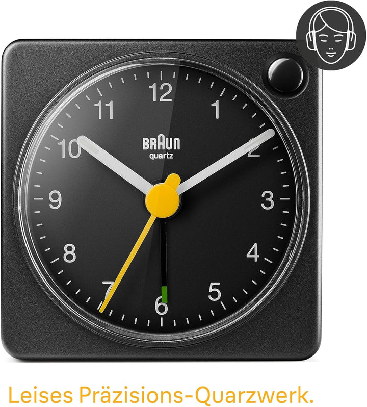 Braun Klassischer analoger Reisewecker mit Schlummerfunktion und Licht, kompakte Grösse, ruhiges Qua