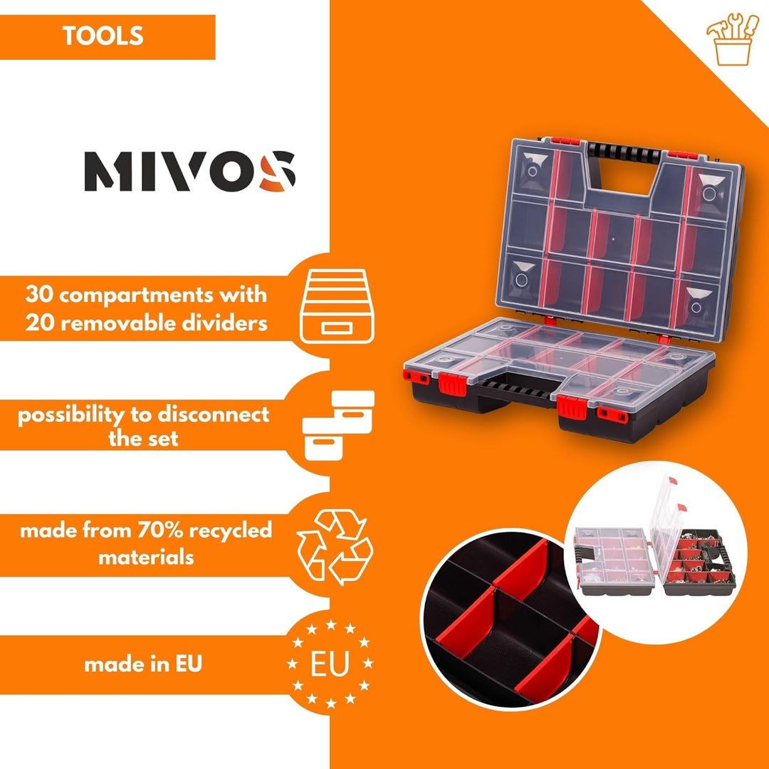 Mivos Doppelseitig Sortimentskasten 390 x 290 x 130 mm mit 30 Verstellbare Fächer - 2 Seitig Sortier