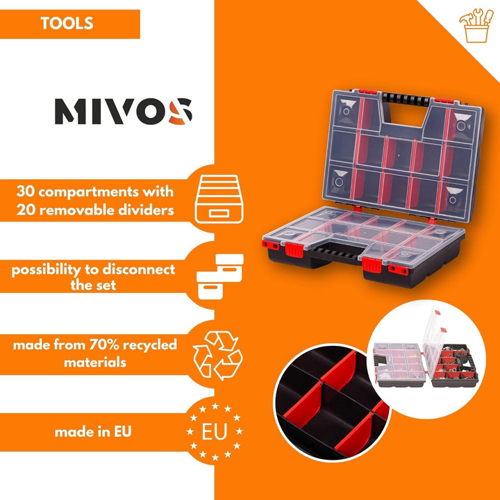 Mivos Doppelseitig Sortimentskasten 390 x 290 x 130 mm mit 30 Verstellbare Fächer - 2 Seitig Sortier