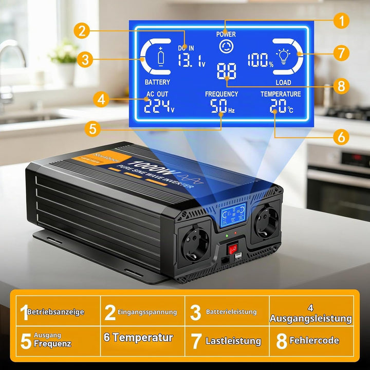 1000W Wechselrichter 12v auf 230v Reiner Sinus Spannungswandler Power Inverter KFZ Konverter mit LCD