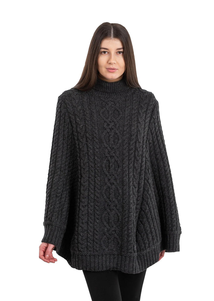 SAOL Zopfmuster Damen Irischer Aran Poncho aus 100% Merinowolle Strickjacke L-XL Dunkelgrau, L-XL Du