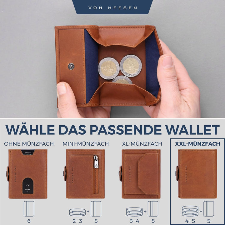 VON HEESEN Slim Wallet mit XXL Münzfach & RFID-Schutz - Leder Geldbeutel - Mini Geldbörse für Herren