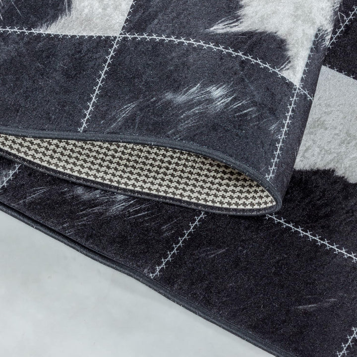 Waschbarer Teppich, Didigitaldruck Patchwork Felloptik, Rechteckig, Creme - Schwarz Farbe, Flachgewe
