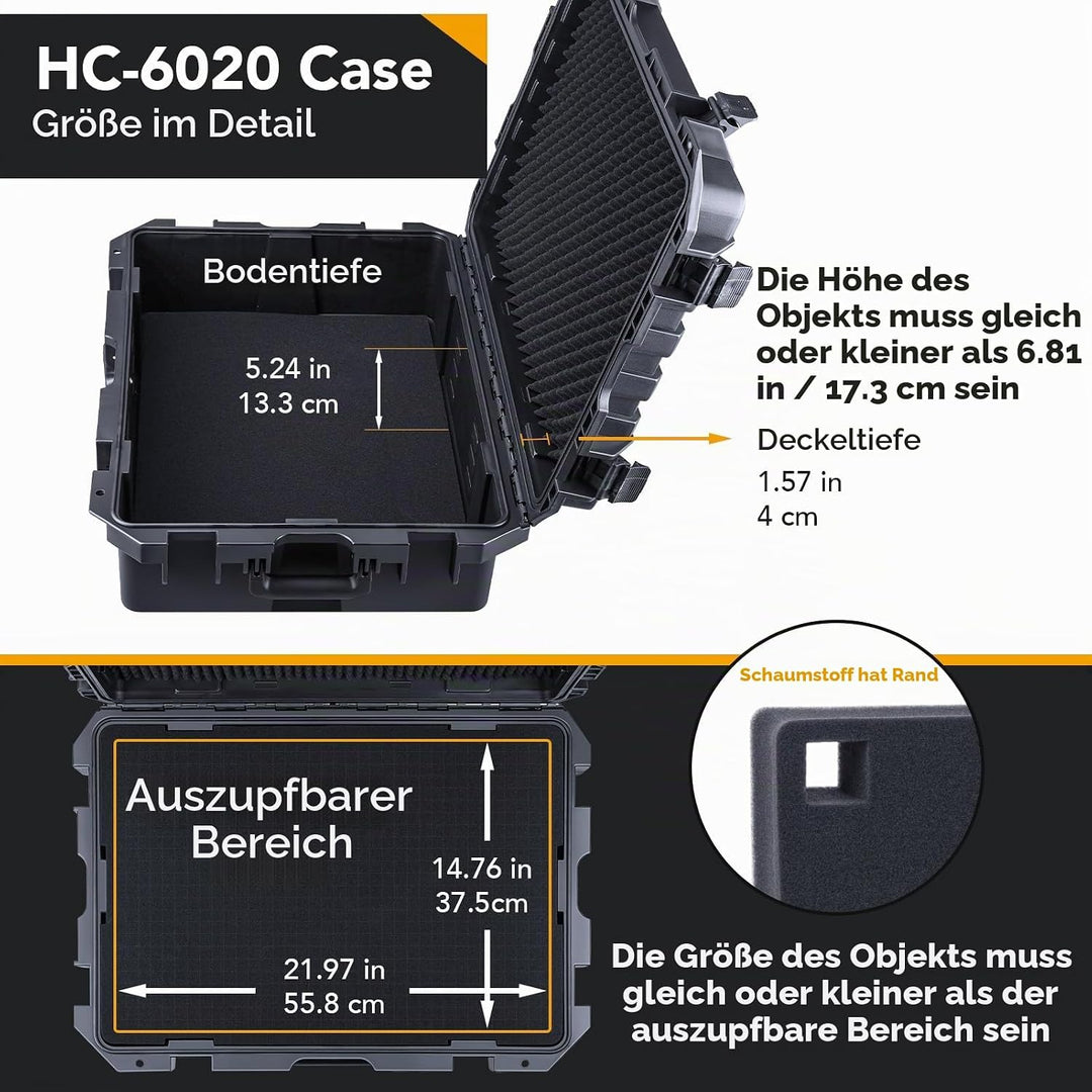 Lykus HC-6020 Wasserdicht Koffer mit anpassbar Rasterschaumstoff, Innengrösse 59,3x42,3x19 cm, Geeig
