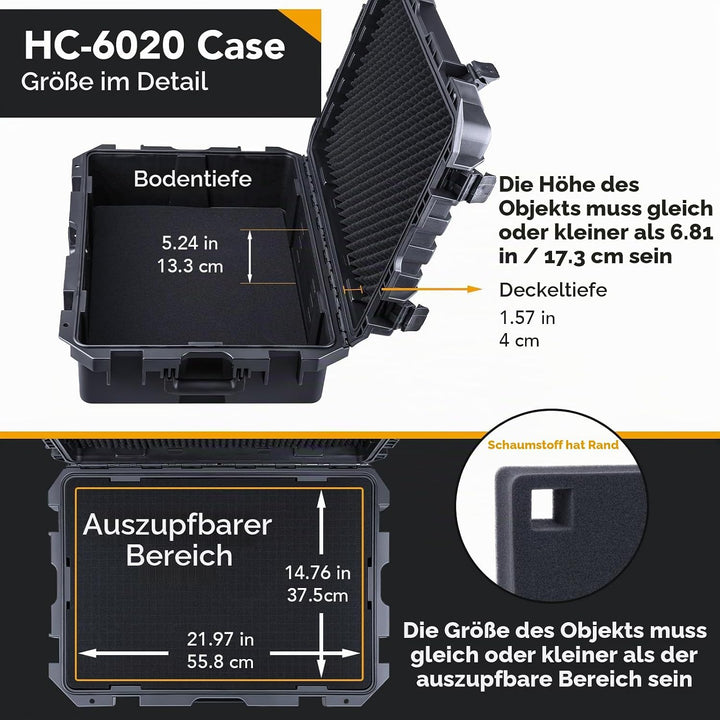 Lykus HC-6020 Wasserdicht Koffer mit anpassbar Rasterschaumstoff, Innengrösse 59,3x42,3x19 cm, Geeig