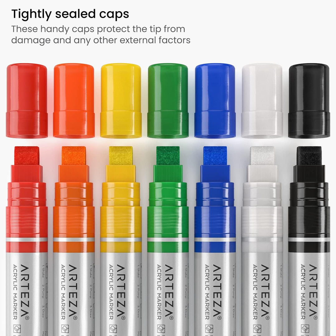 ARTEZA Acrylstifte, 7er-Set, Klassische Farben, 3-in-1-Multi-Line-Federn, 5-15 mm Strichbreite, UV-b