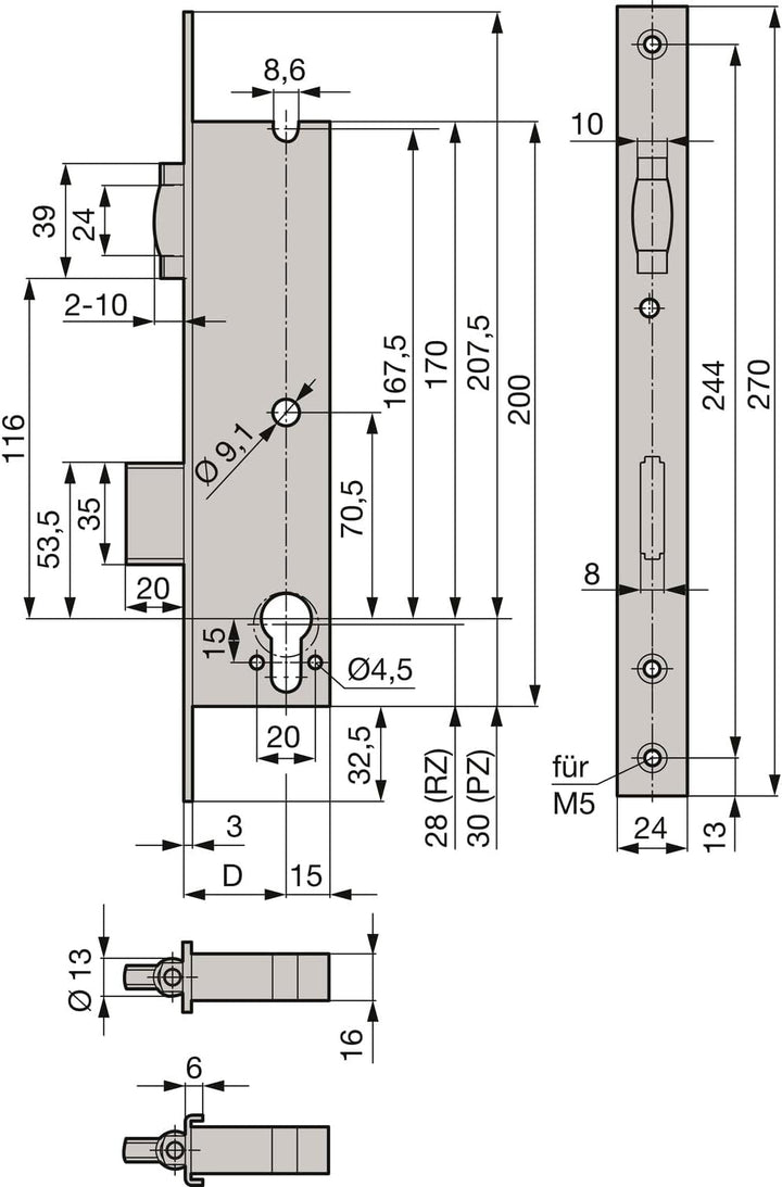 WSS Rohrrahmenschloss (Einsteckschloss) für Eingangs- und Pendeltüren PZ - Dornmass 30mm Flachstulp