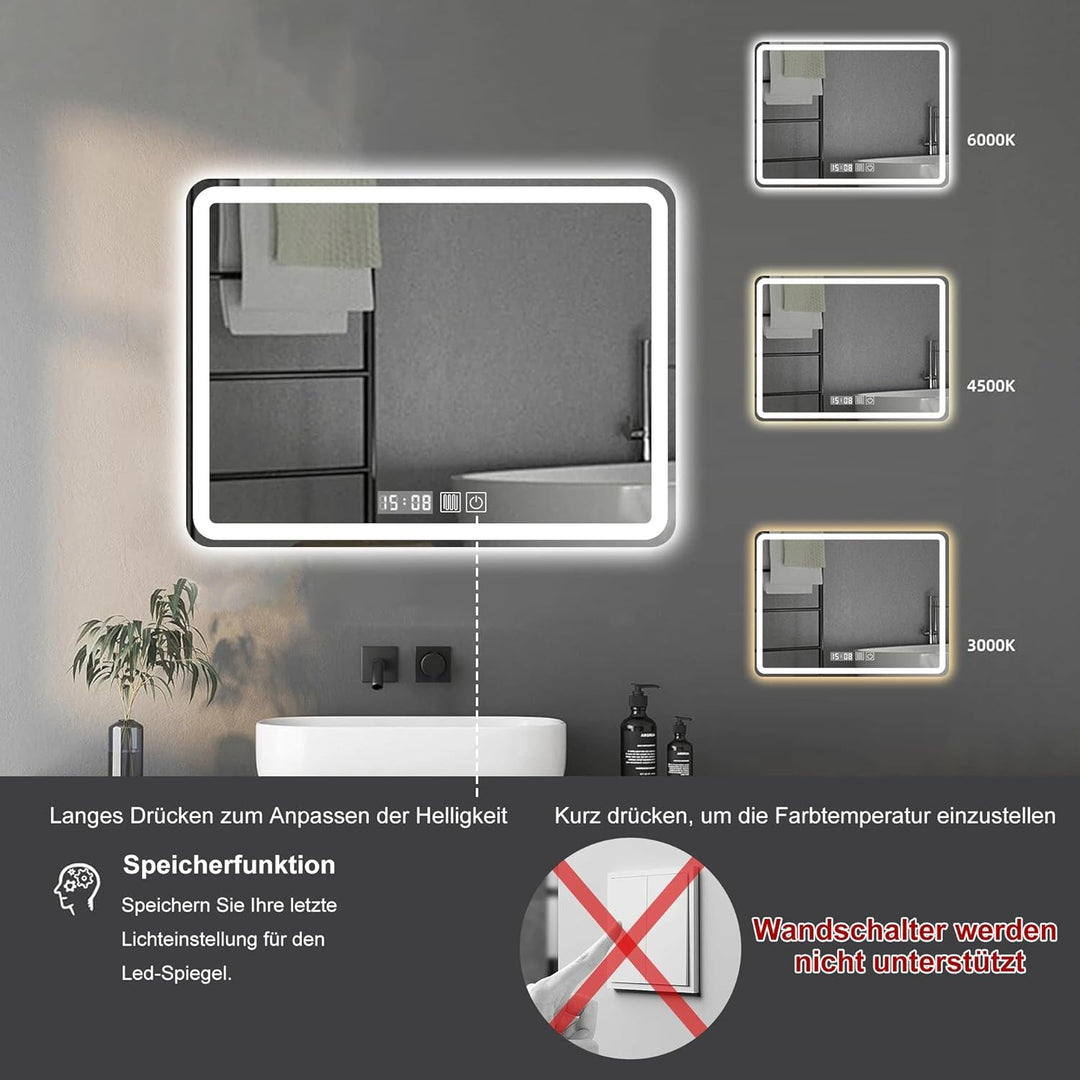 LED Badspiegel mit Beleuchtung, 50x70cm Spiegel mit Stecker, Spiegel mit Licht für Bad, Badezimmersp