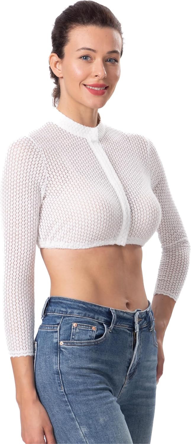 Elegante Blumen Streifen Spitze Hochelastisch Stoff Hochwertig 3/4 Ärmel Dirndlbluse Weiss Spitze Di