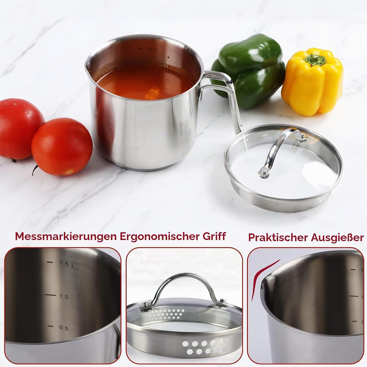 Edelstahl-Kochtopf mit Glasdeckel, Mehrzweck-Saucenpfanne mit Siebdeckel und Ausgiesser zum Kochen v