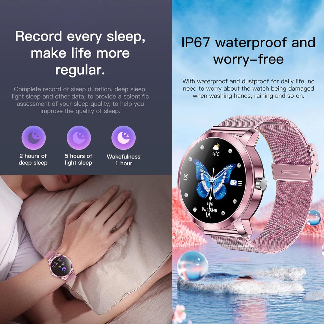 Smartwatch Damen mit Telefonfunktion, 1,09” Fitnessuhr mit 123 Sportmodi, Pulsmesser, Schlafmonitor,