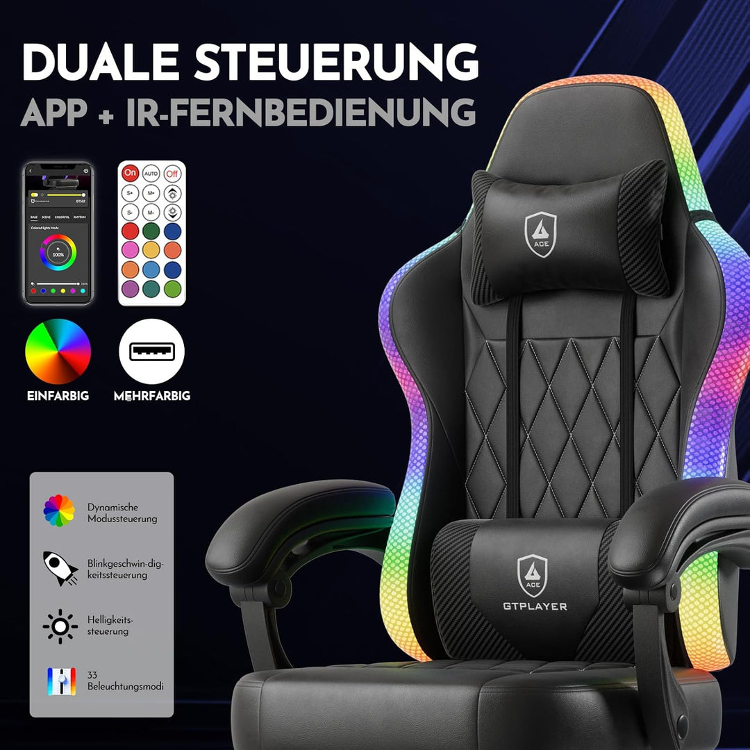 GTPLAYER Gaming Stuhl, Bürostuhl, Gaming Chair mit LED Lichtleiste, Gamer Stuhl, Rückenlehne mit Auf