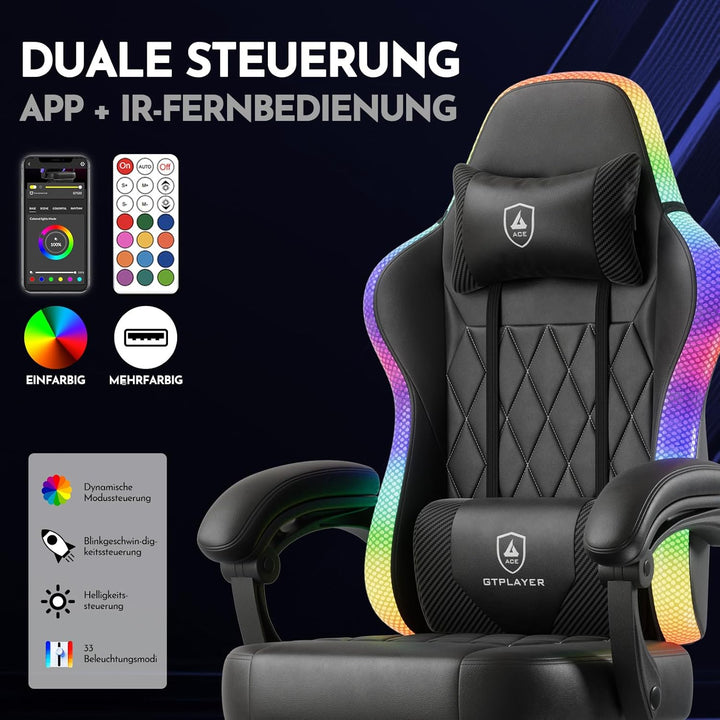 GTPLAYER Gaming Stuhl, Bürostuhl, Gaming Chair mit LED Lichtleiste, Gamer Stuhl, Rückenlehne mit Auf