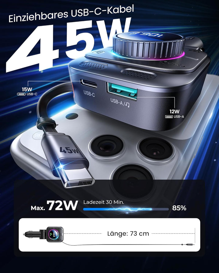 LENCENT 72W FM Transmitter Auto Bluetooth 5.4, Bluetooth Adapter Auto mit ausziehbarem Ladekabel, Zi