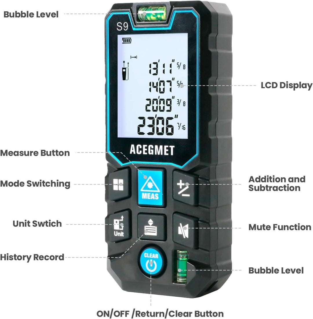ACEGMET Laser-Entfernungsmesser Smartphone-App,Reichweite, 2 Wasserwaagen, Bluetooth,LCD-Display mit