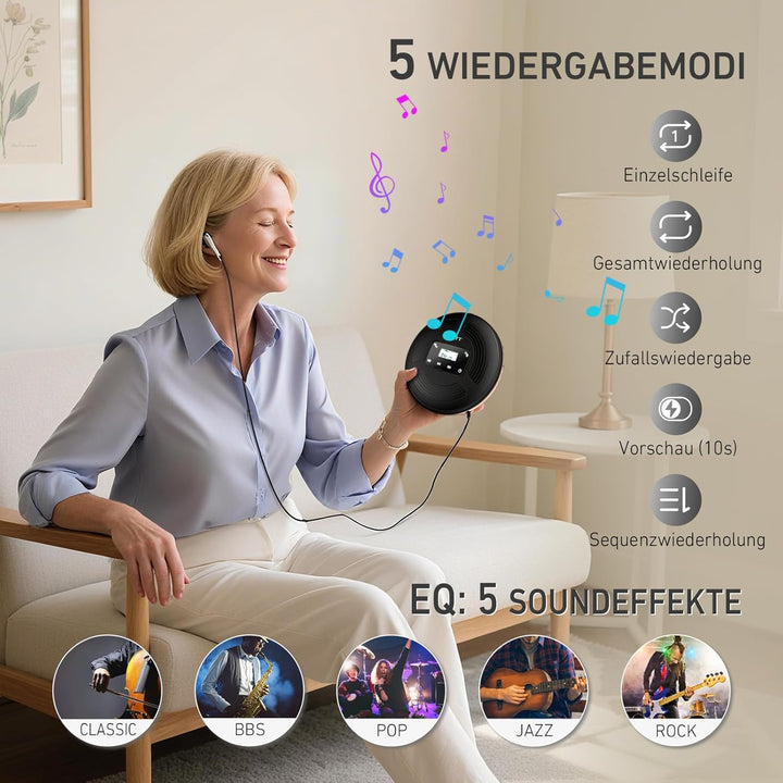 HOTT Tragbarer CD Player 1800 mAh wiederaufladbarer CD-Player mit Bluetooth und FM-Transmitter Ideal
