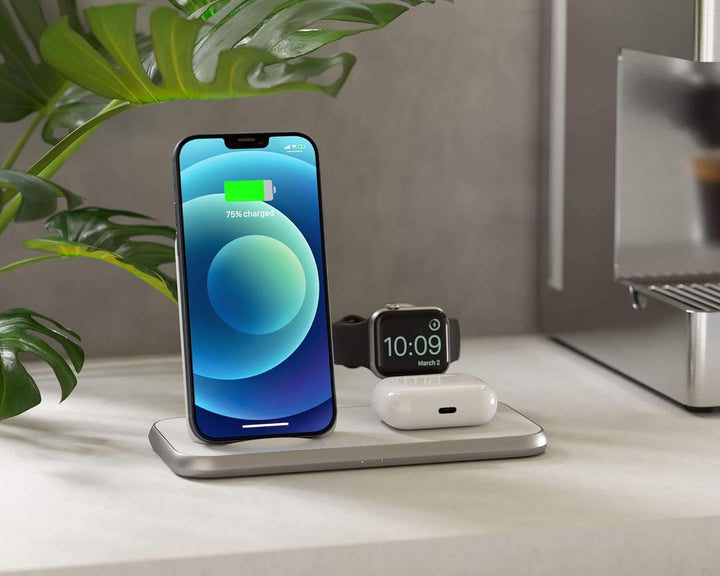 ZENS Stand+Watch 2x10W Aluminium 4in1 kabelloses Ladegerät (Apple & Samsung Fast Charging, Qi/MFi-Ze