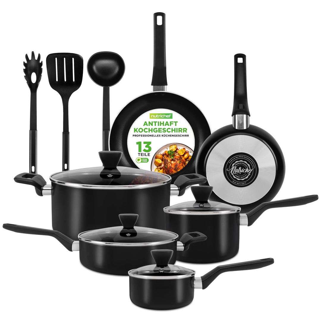 NutriChef Topf und Pfannenset, 13 Teilig- Kochgeschirr Set, Cookware Set- mit durchsichtigen Deckeln