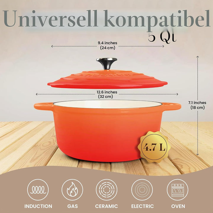 Nuovva Topf aus Gusseisen mit Deckel, antihaftbeschichtet, ofenfest, emailliert, stabiles Dutch Oven