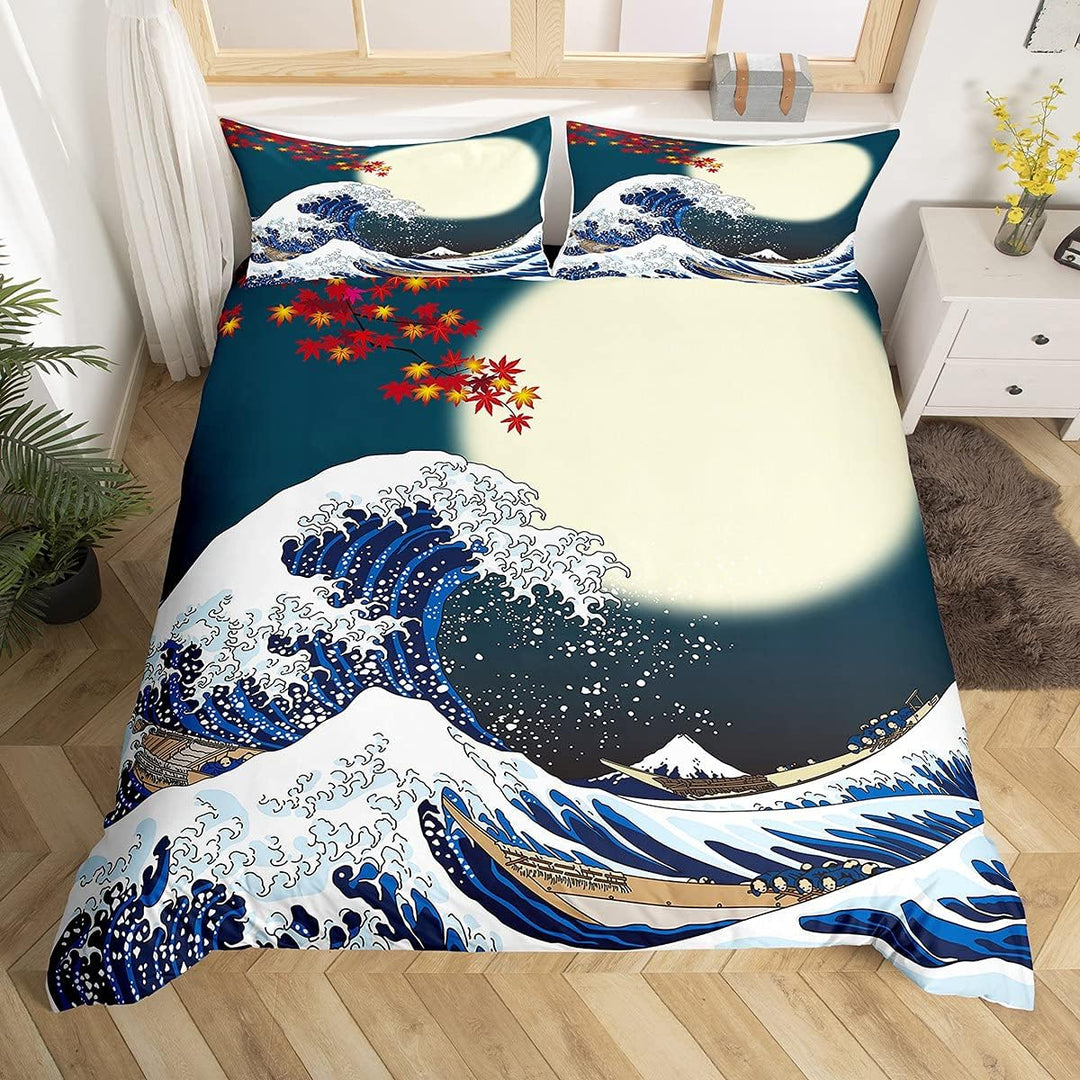 Loussiesd Japanisches Hokusai Muster Bett Set Exotisches Bettbezug Set im japanischen Stil Blue Wave